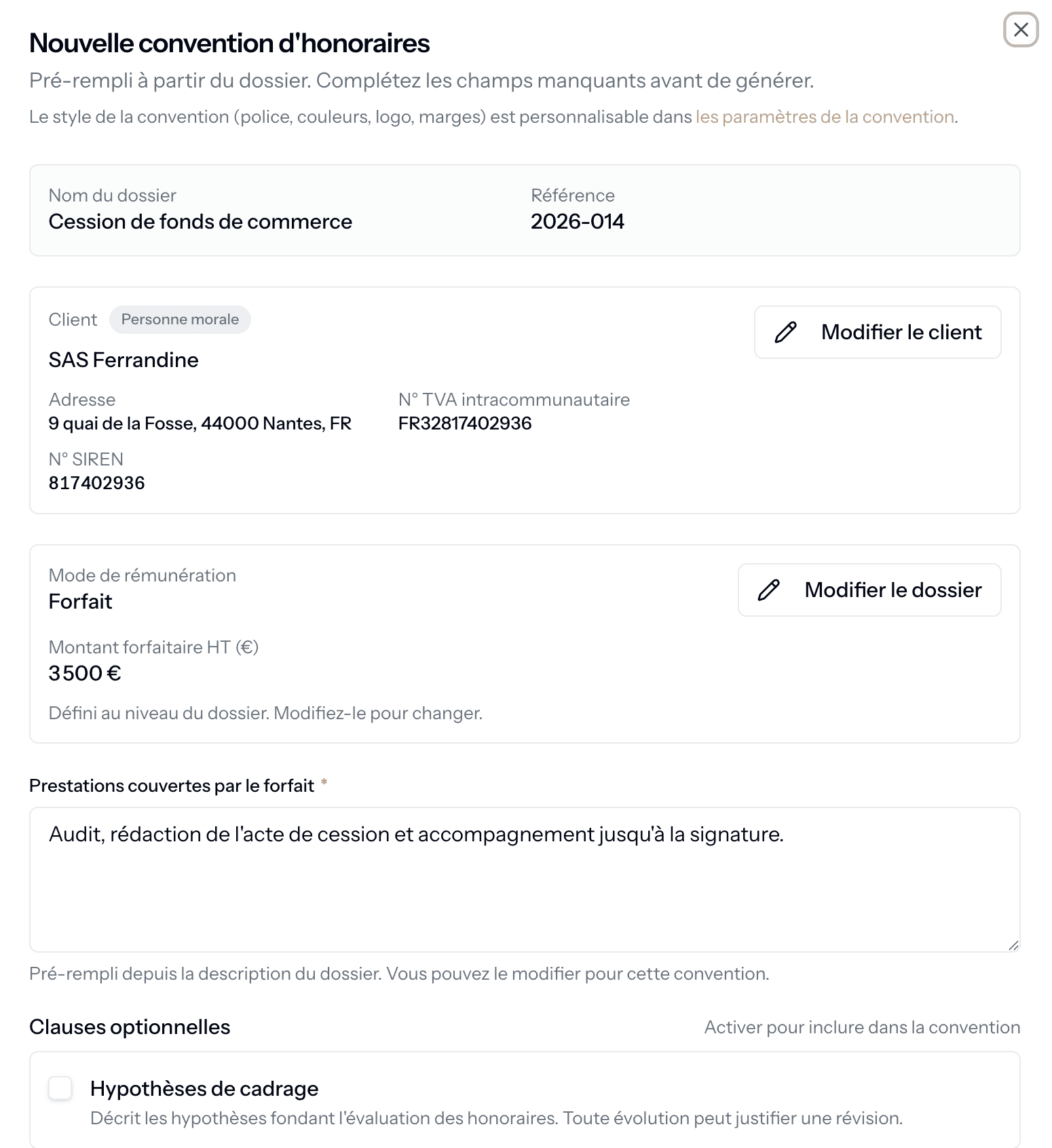 Assistant de génération d'une convention d'honoraires : mode de rémunération, unité de temps facturable et clauses optionnelles.